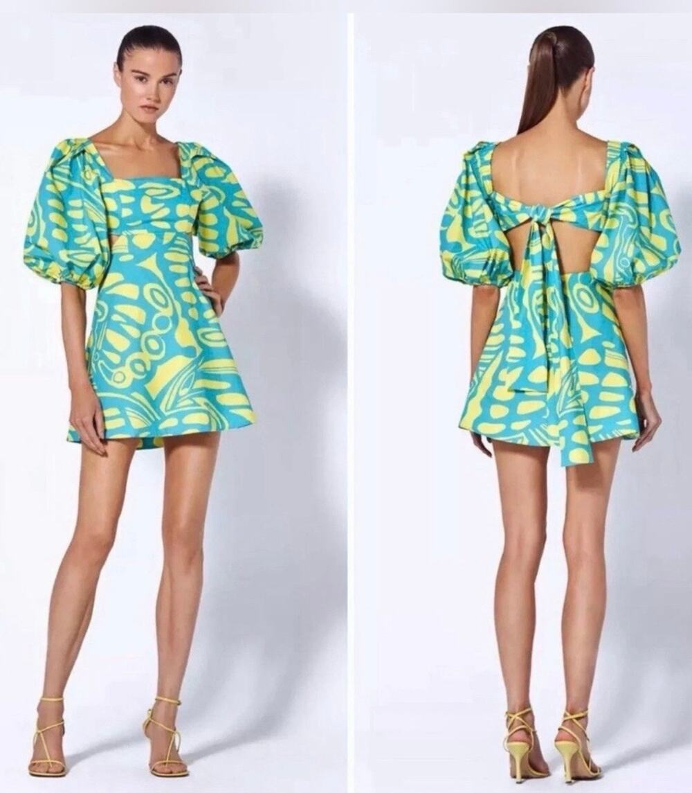 Alexis Bodhi Butterfly Abstract Puff Sleeve Tie Back Square Neck Mini Dress M